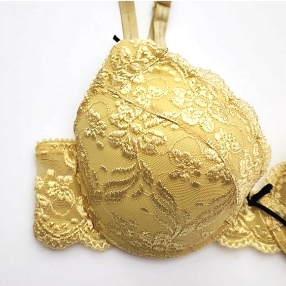 ⭐️2/ $30⭐️ La Vie en Rose Yellow Satin Lace Underwire Push Up Bra 34C - Picture 7 of 14